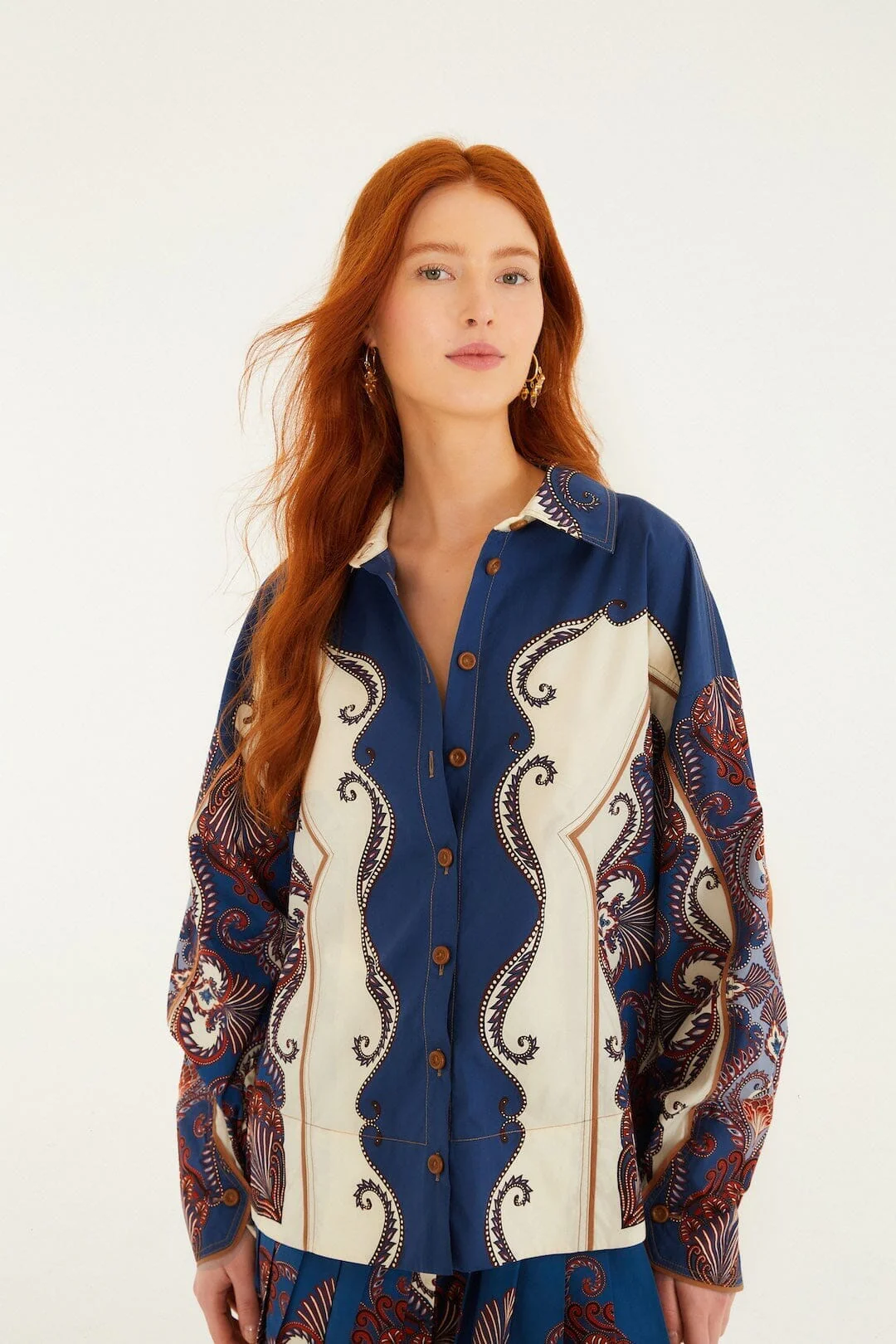 Sand Arabesque Scarf Collared Organic Cotton Shirt