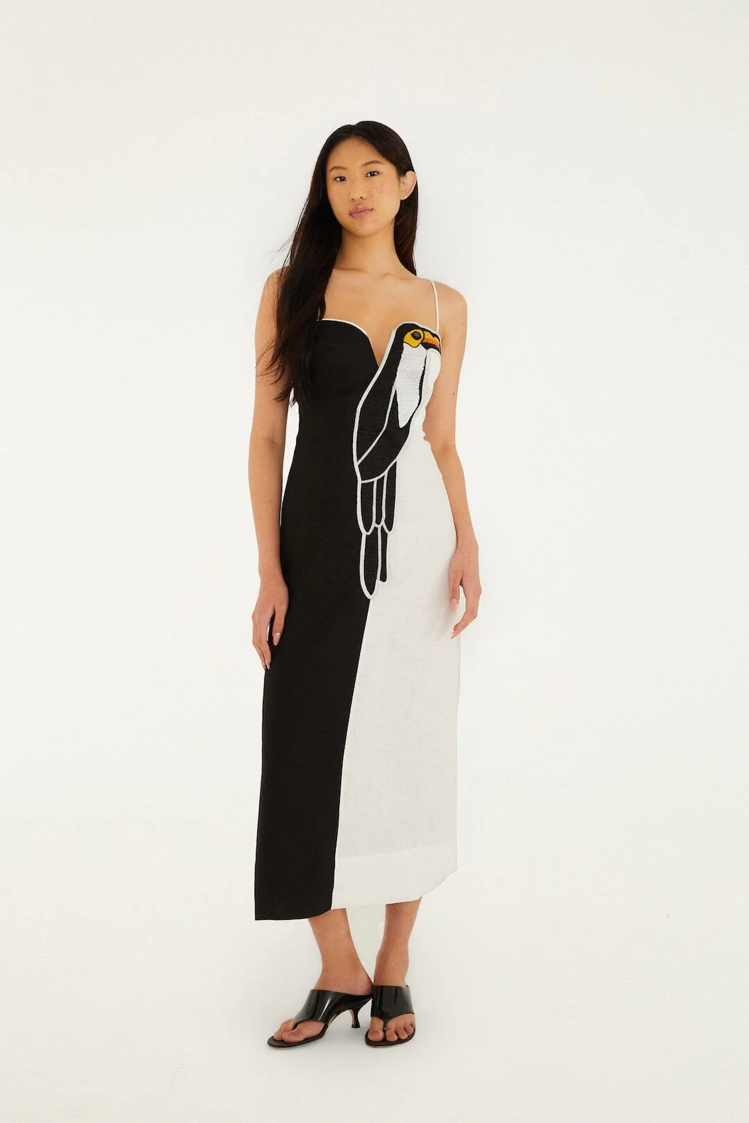 Black And White Embroidered Toucan Euroflax™ Premium Linen Sleeveless Maxi Dress
