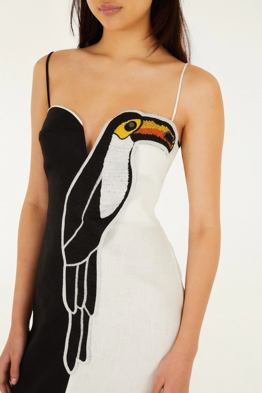 Black And White Embroidered Toucan Euroflax™ Premium Linen Sleeveless Maxi Dress - Image 2