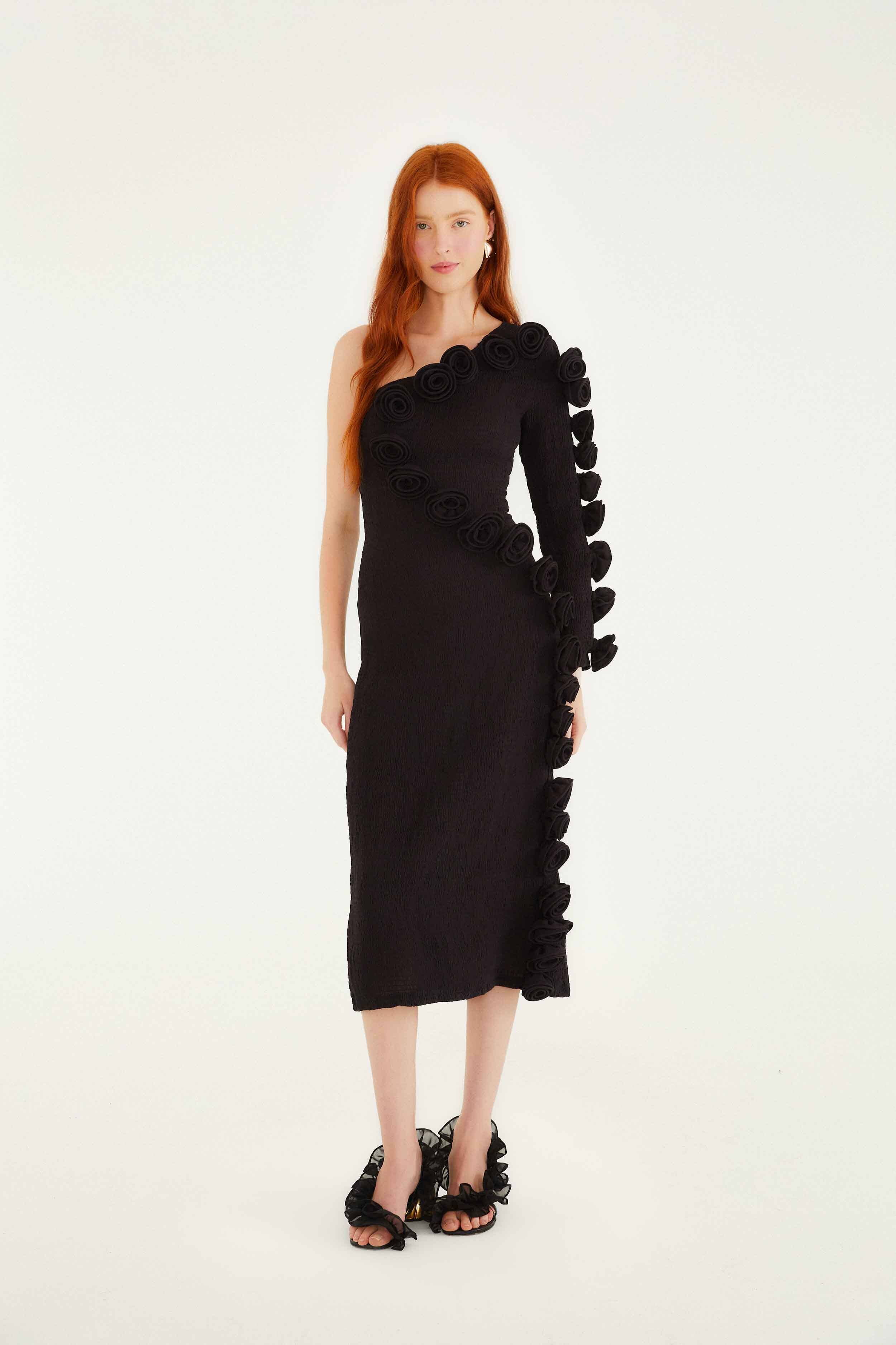 Black 3d Rose One-Shoulder Midi Dress