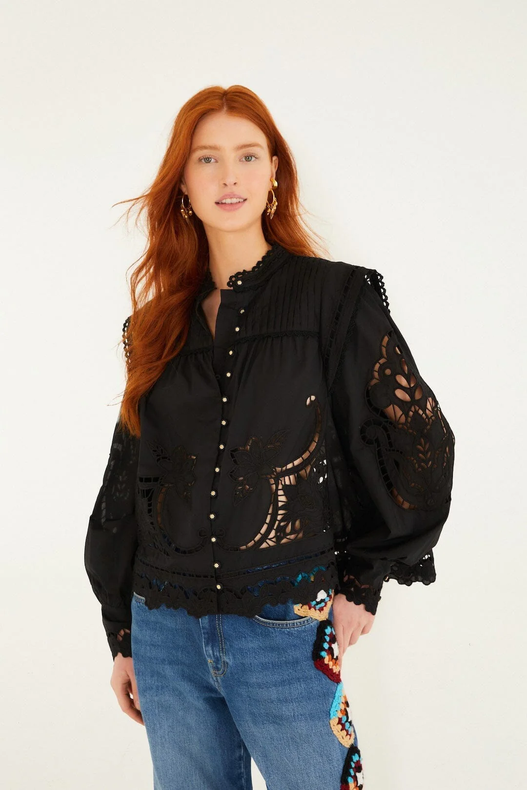 Black Richelieu Puff Sleeve Organic Cotton Blouse