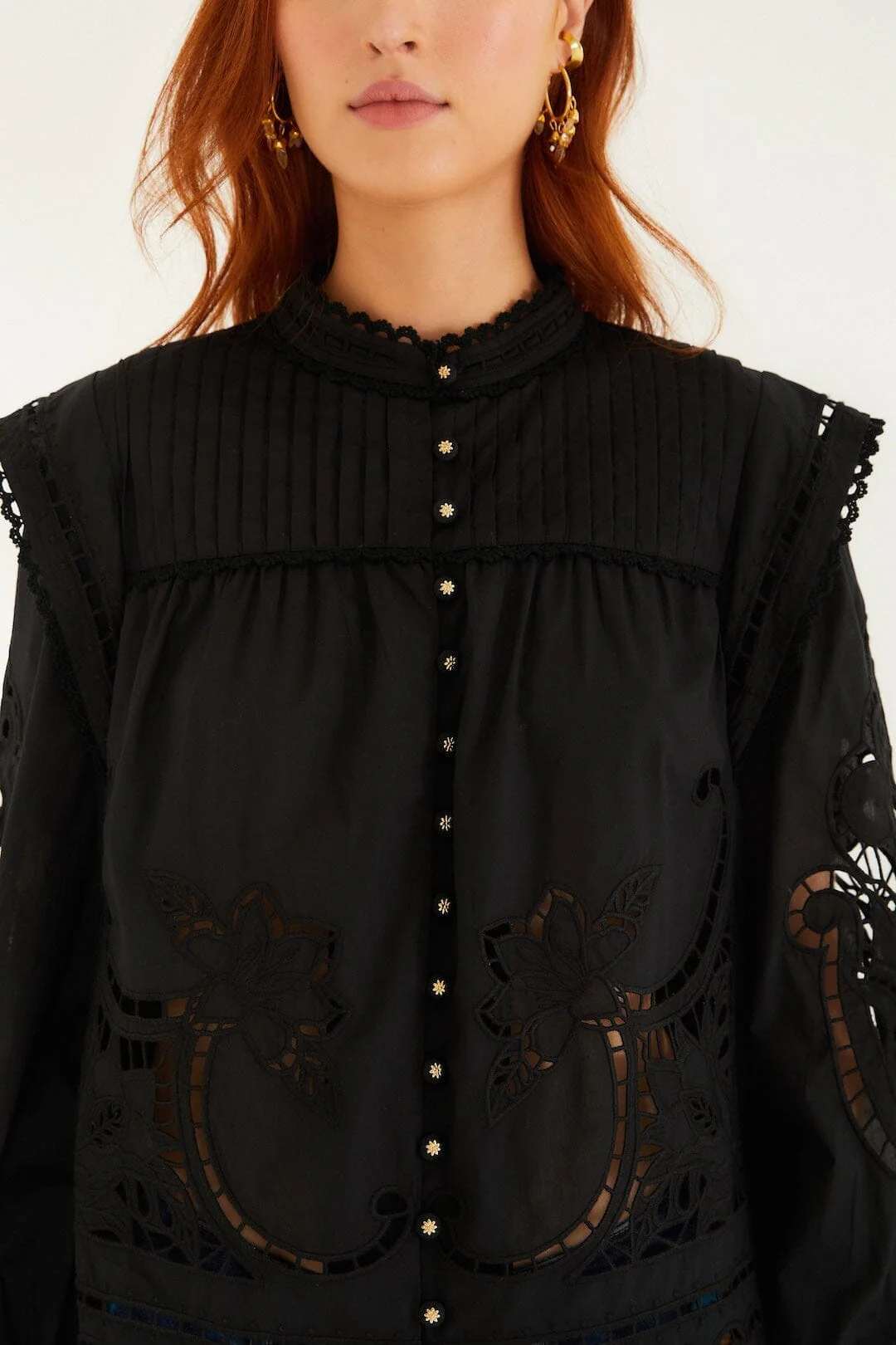Black Richelieu Puff Sleeve Organic Cotton Blouse - Image 2