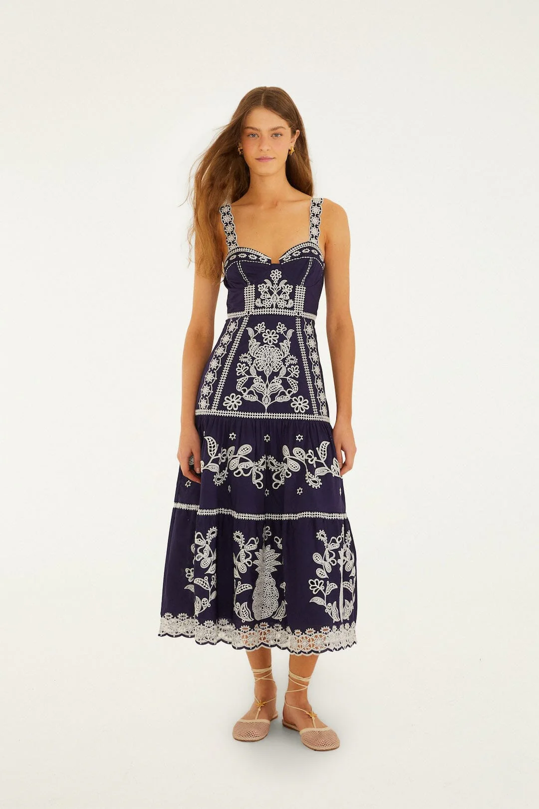 Blue Richelieu Embroidered Organic Cotton Midi Dress