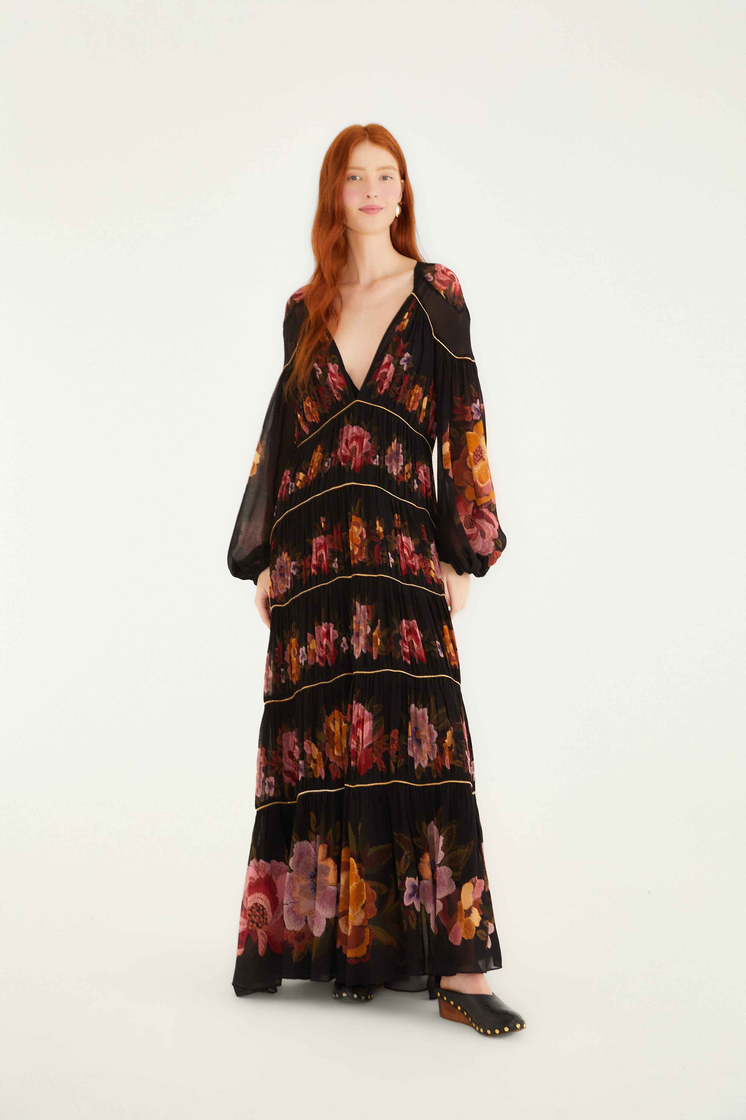 Black Chenille Flowers Long Sleeve Midi Dress