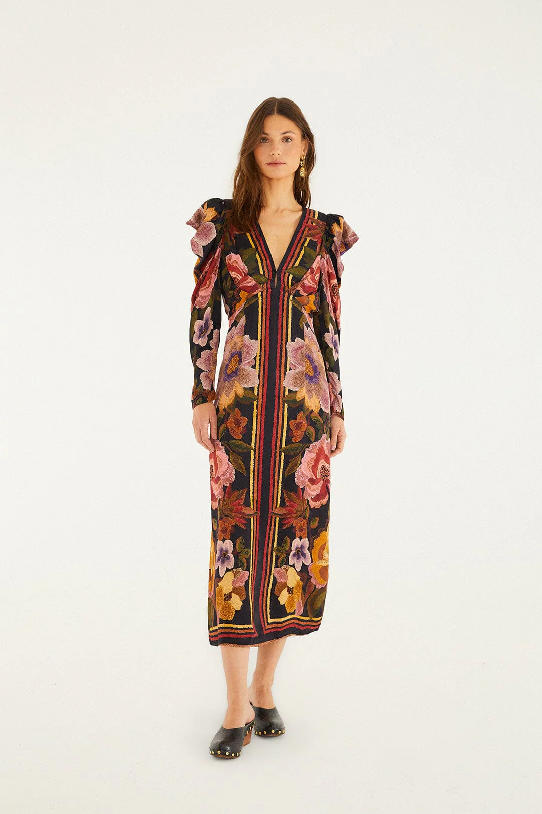 Black Chenille Flowers Lenzing™ Ecovero™ Viscose Midi Dress