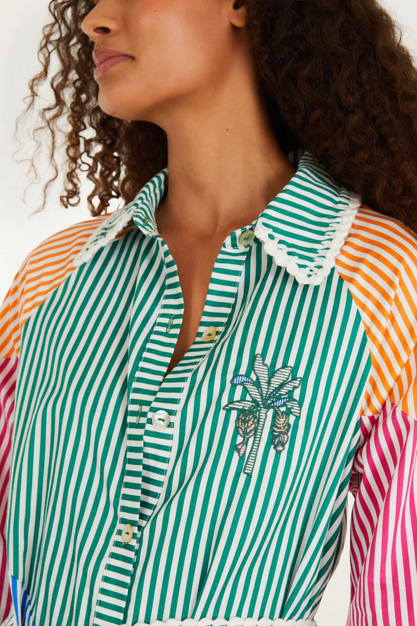 Multicolor Stripes Embroidered Belted Organic Cotton Midi Dress - Image 2