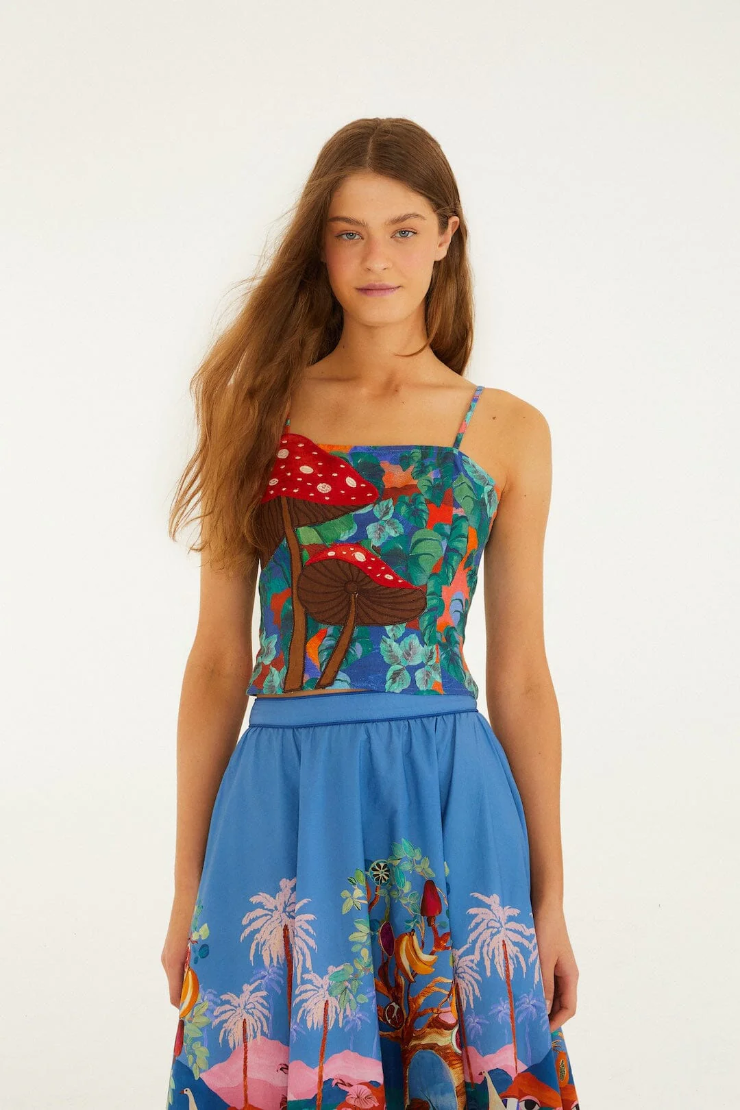 Mushroom Dream Landscape Embroidered Sleeveless Euroflax™ Premium Linen Top