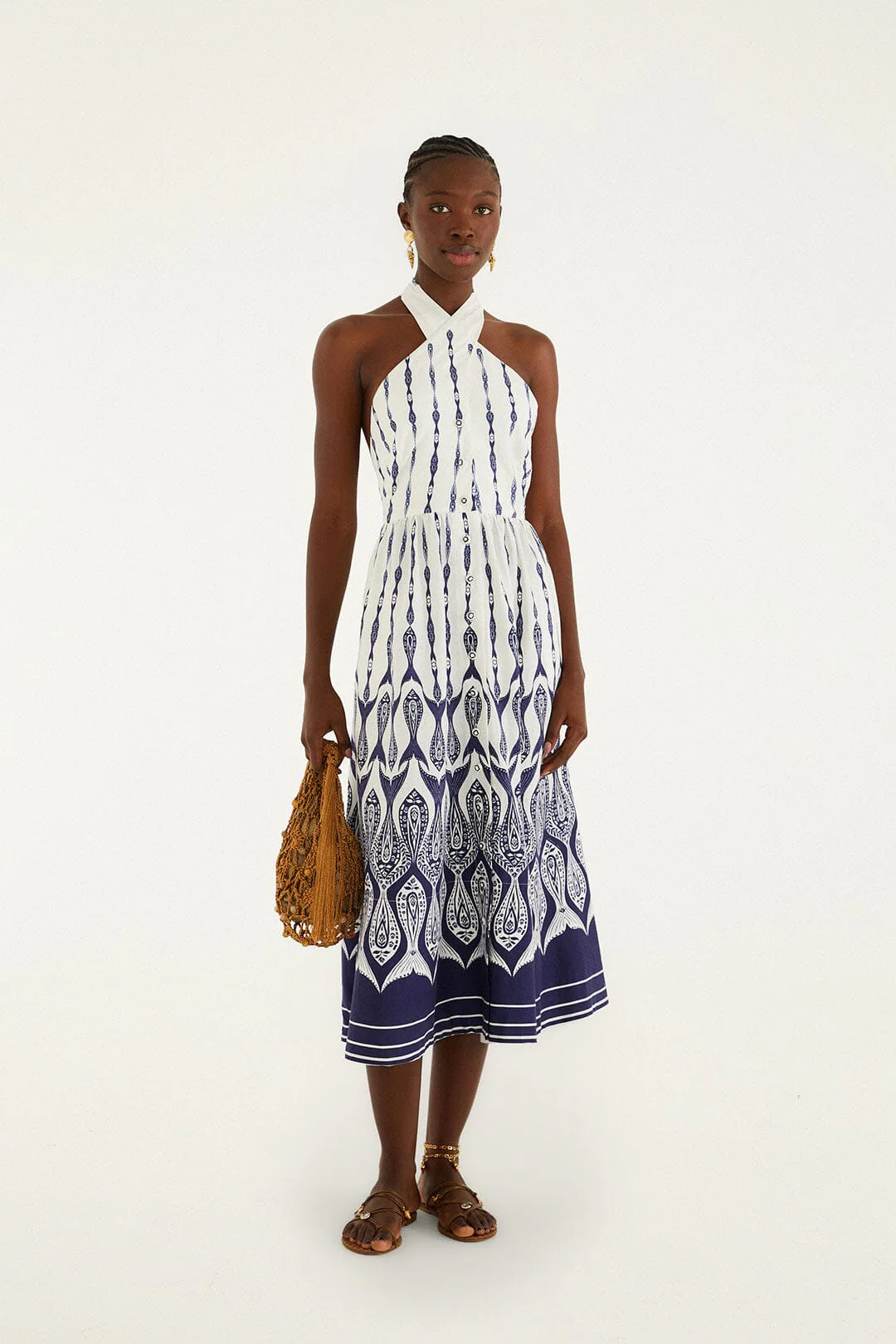 Off-White Fishes Flow Halter Neck Lenzing Ecovero Euroflax Midi Dress