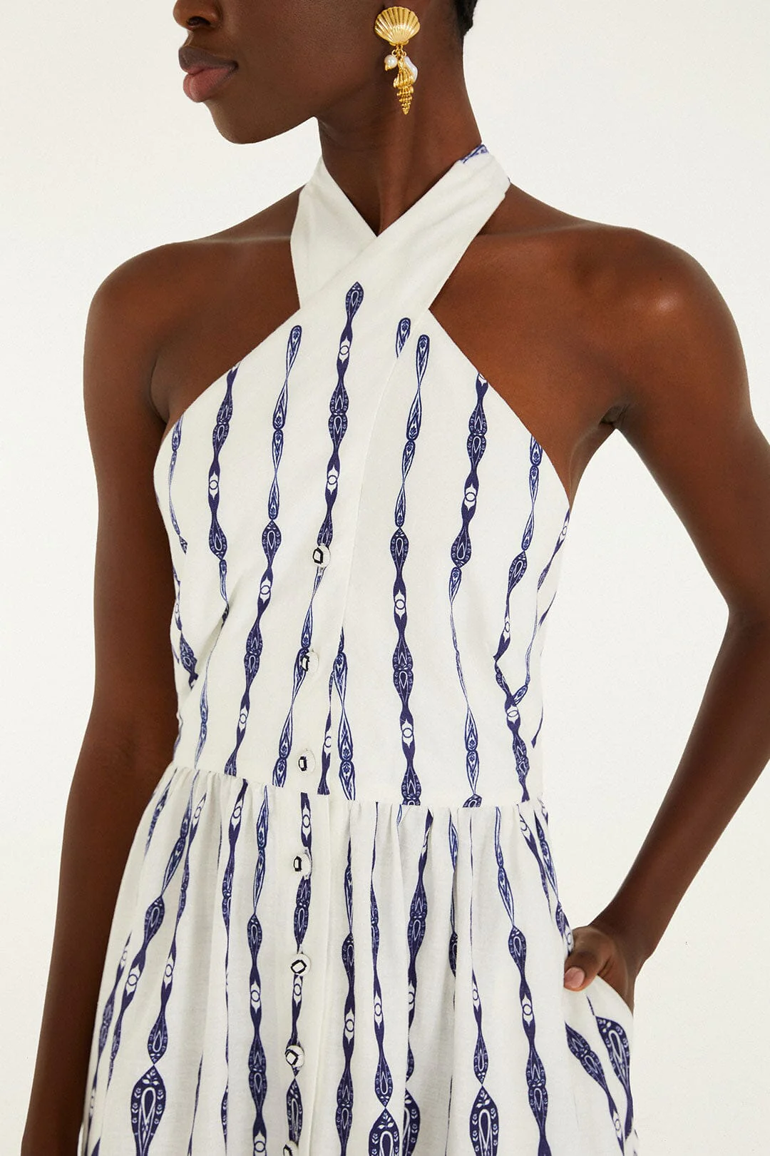 Off-White Fishes Flow Halter Neck Lenzing Ecovero Euroflax Midi Dress - Image 2