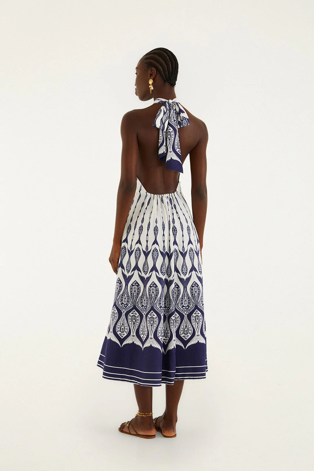 Off-White Fishes Flow Halter Neck Lenzing Ecovero Euroflax Midi Dress - Image 3