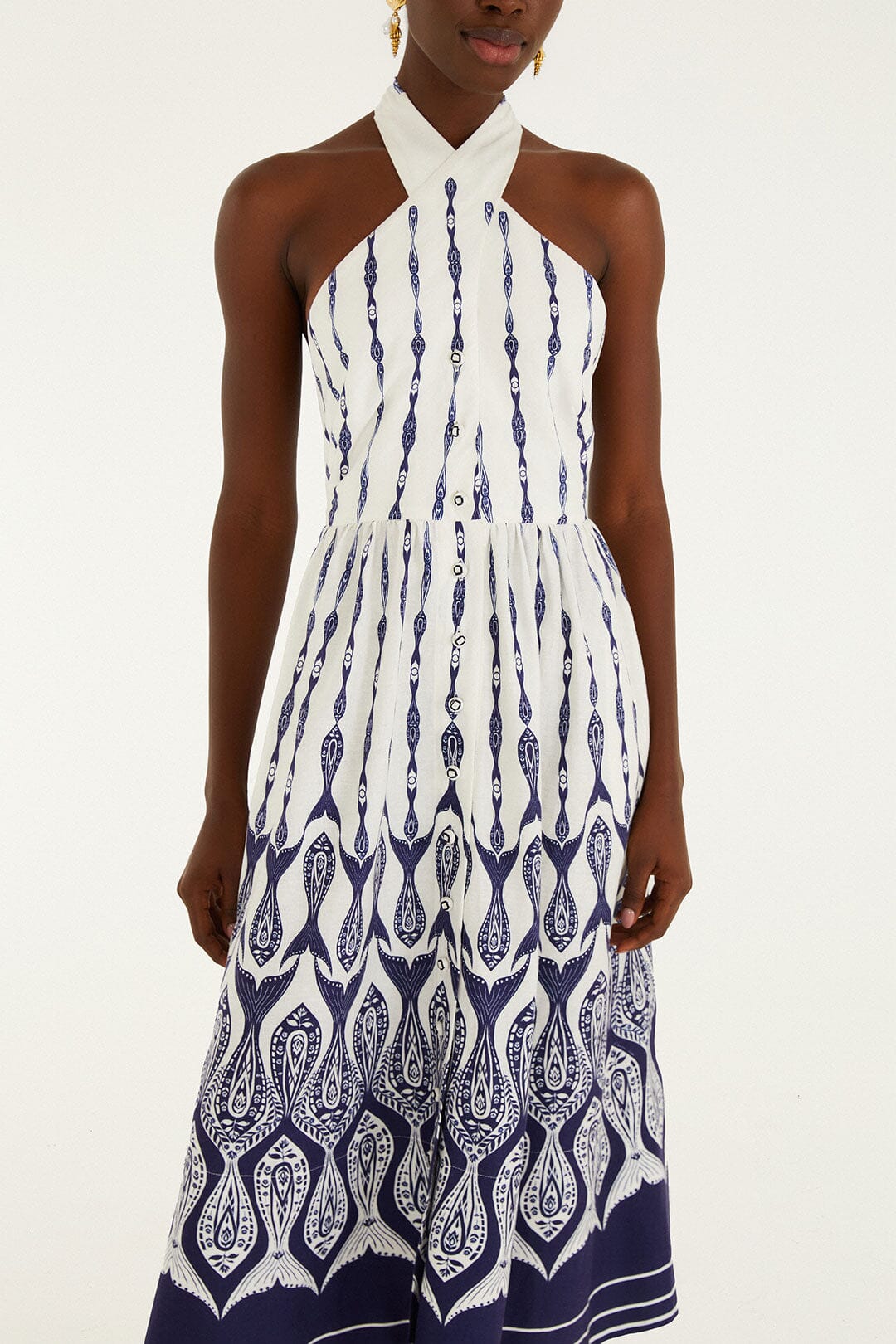 Off-White Fishes Flow Halter Neck Lenzing Ecovero Euroflax Midi Dress - Image 4