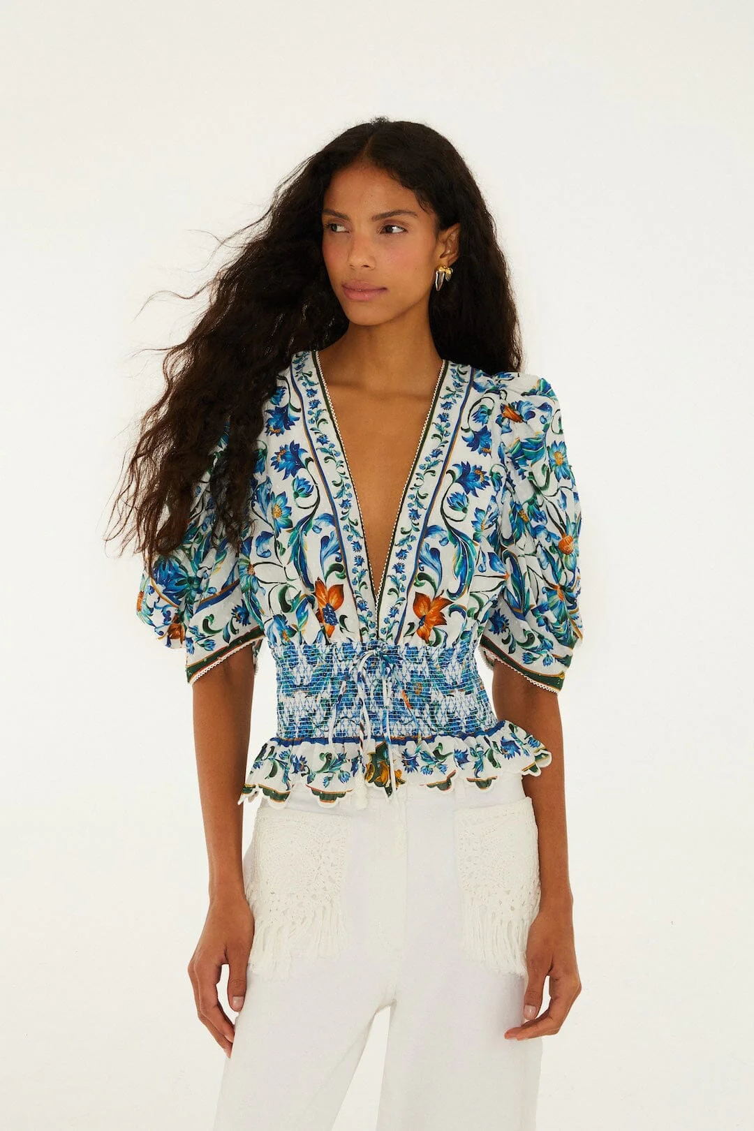 Off-White Flora Tile Smocked Organic Cotton Blouse