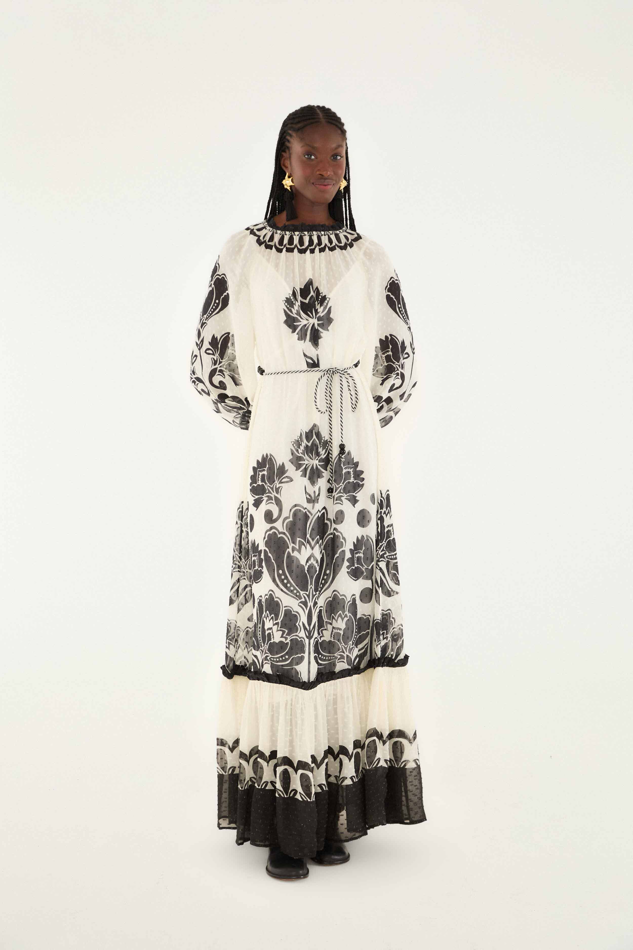 Cream Floral Arabesque Rope Belt Maxi Dress
