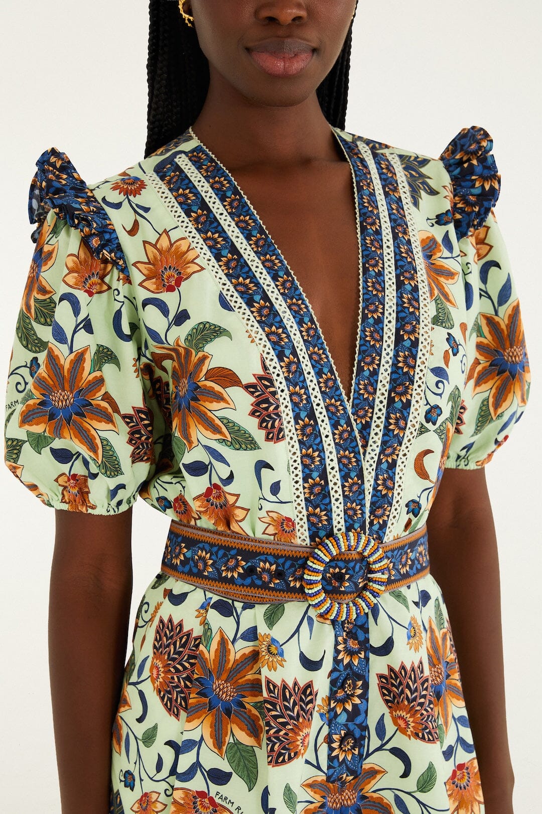 Light Green Floral Delhi Tapestry Belted Organic Cotton Romper - Image 2