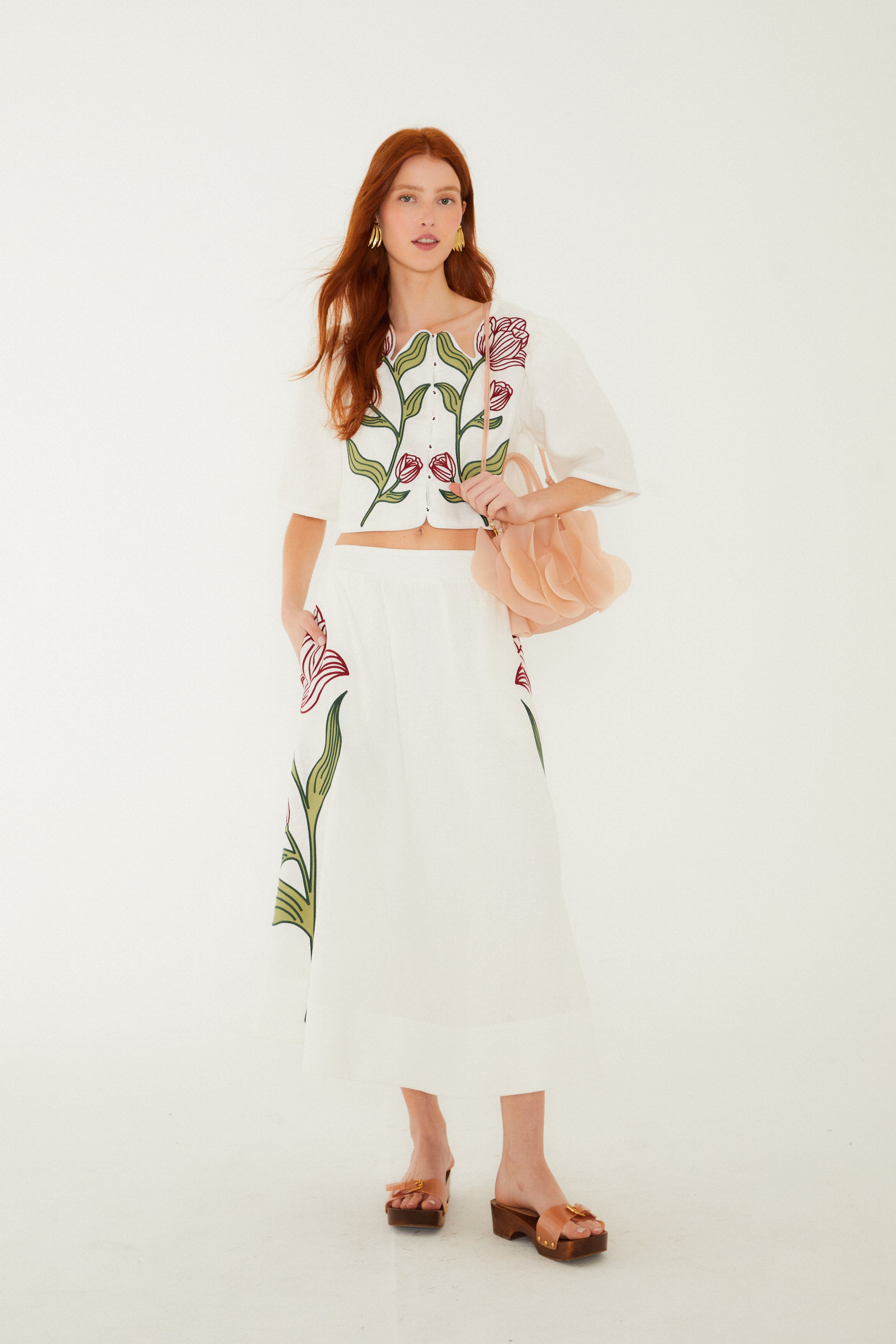 Off-White Flower Embroidered Euroflax Premium Linen Crop Top - Image 3