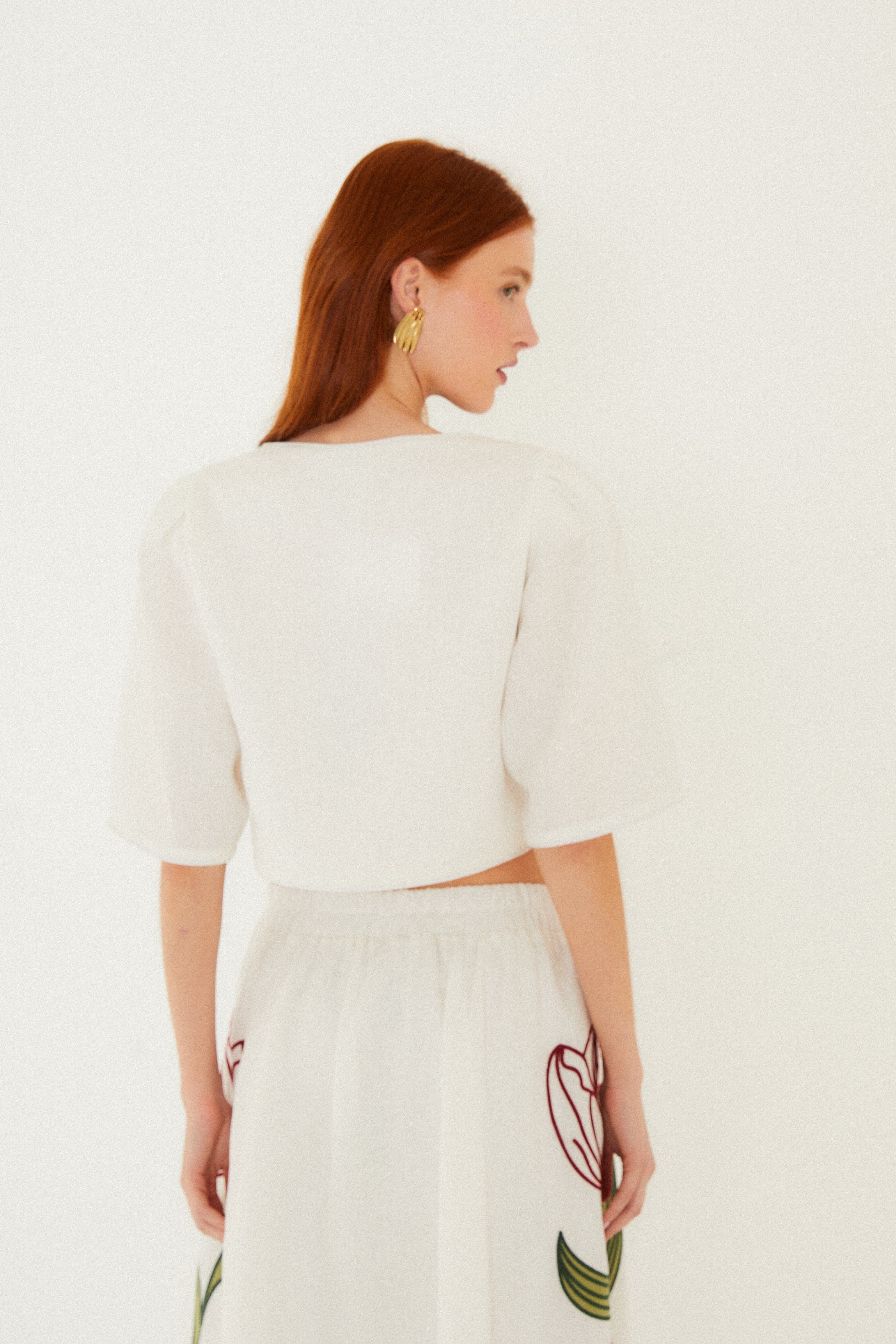 Off-White Flower Embroidered Euroflax Premium Linen Crop Top - Image 4
