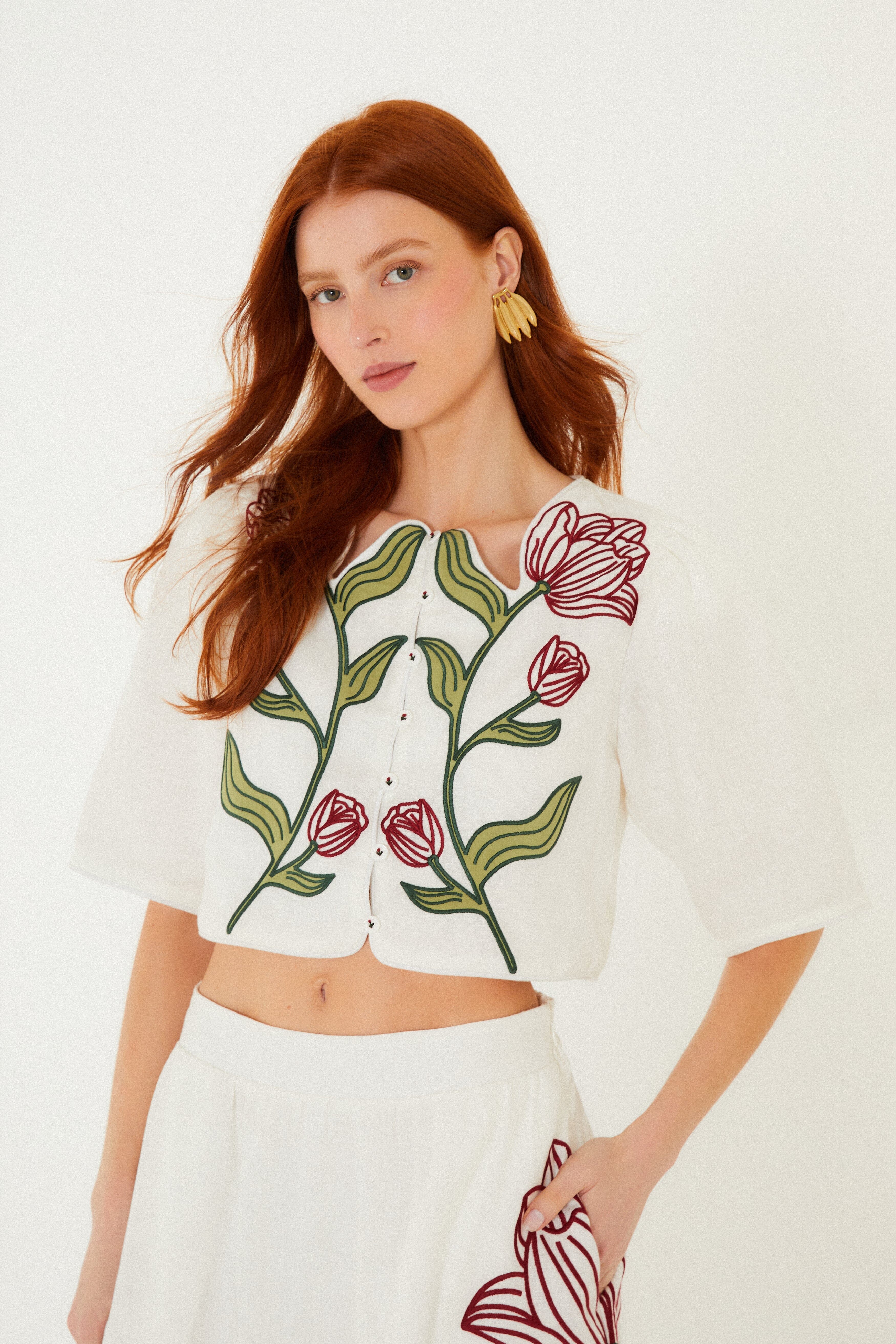 Off-White Flower Embroidered Euroflax Premium Linen Crop Top - Image 5