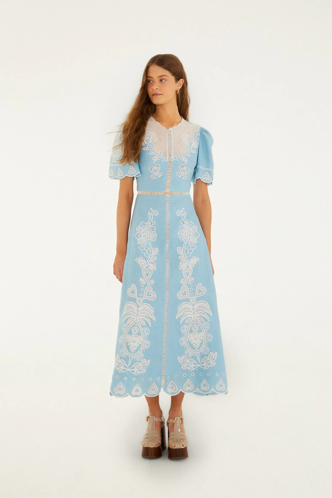Light Blue Embroidered Euroflax™ Premium Linene Midi Dress