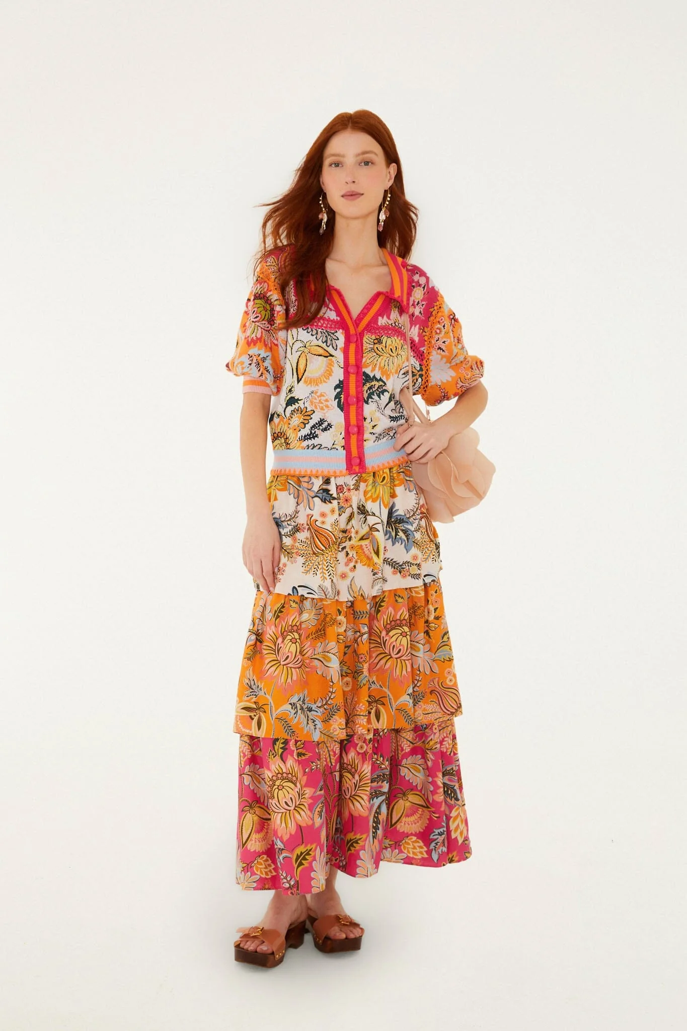 Multicolor Ligia Floral Mix Layered Lenzing Ecovero Euroflax Midi Skirt