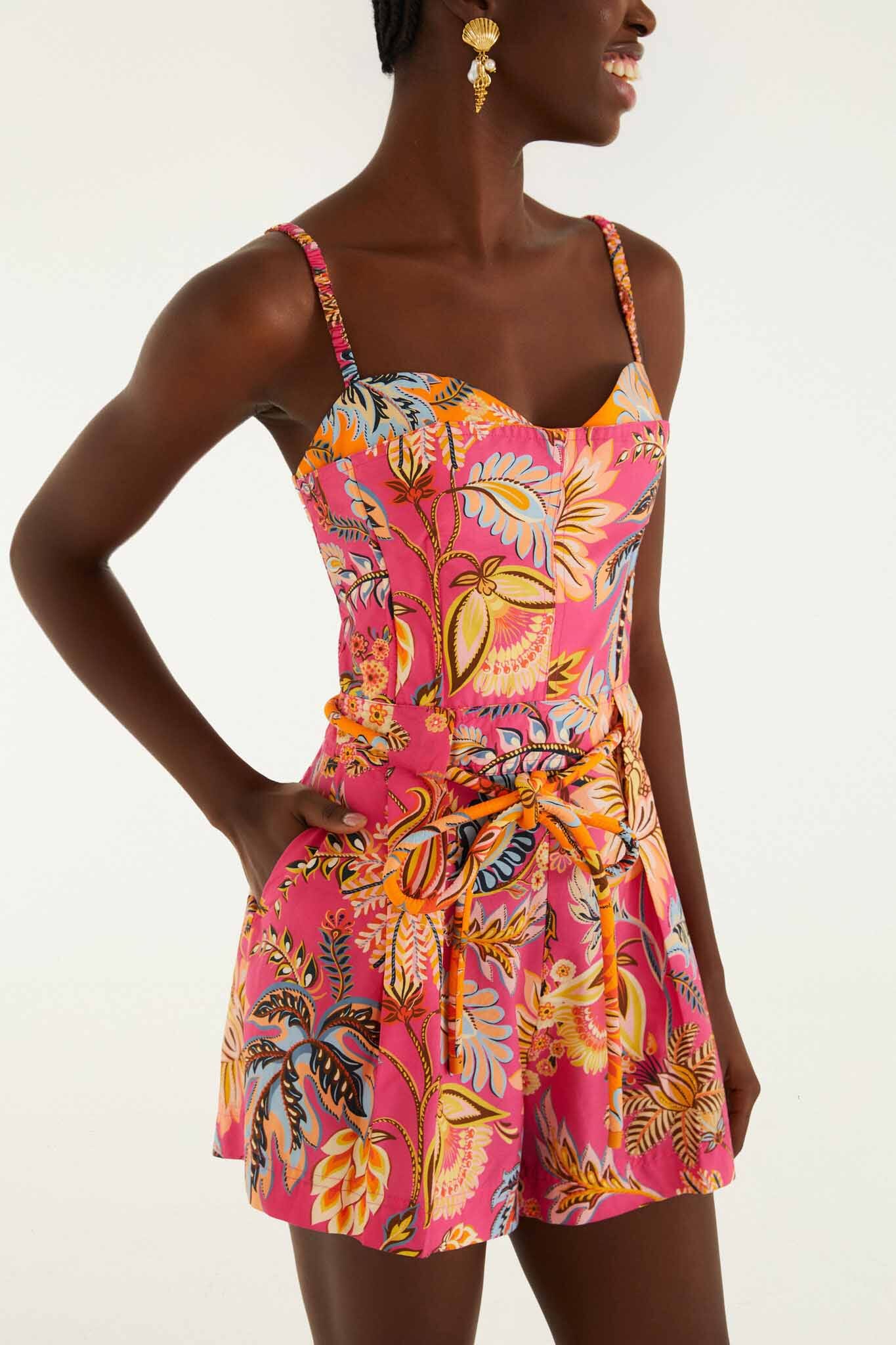 Pink Ligia Floral Drawstring Organic Cotton Romper - Image 2