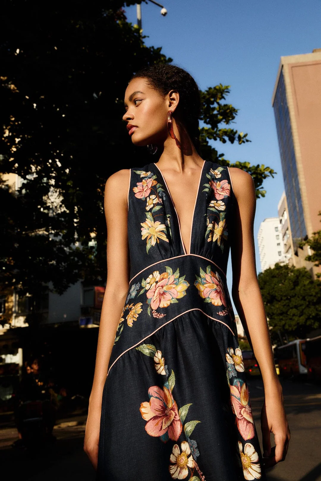 Dark Blue Maira Floral Euroflax™ Premium Linen Midi Dress - Image 2