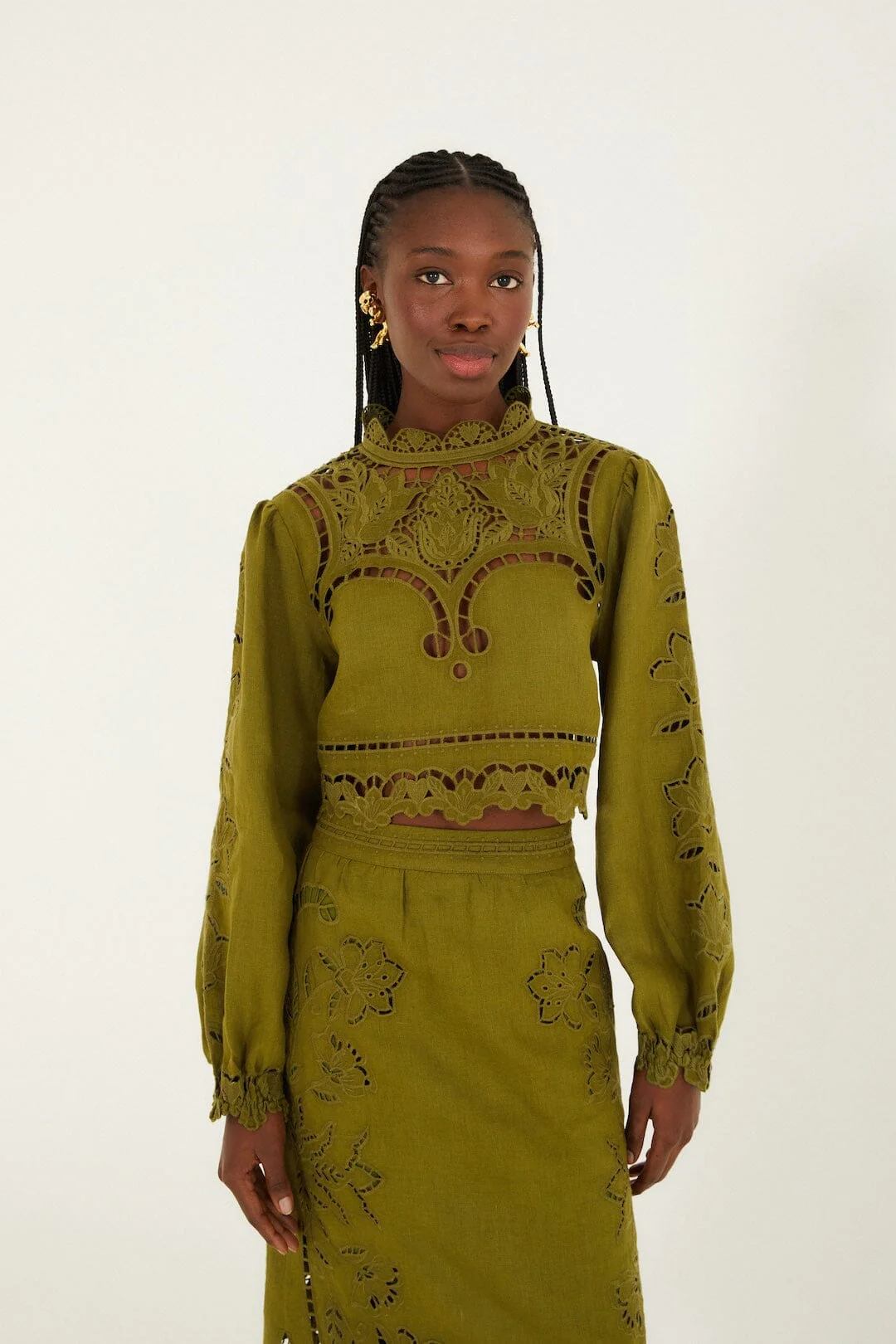 Green Majestic Garden Euroflax_x0099_ Premium Linen Richelieu Blouse
