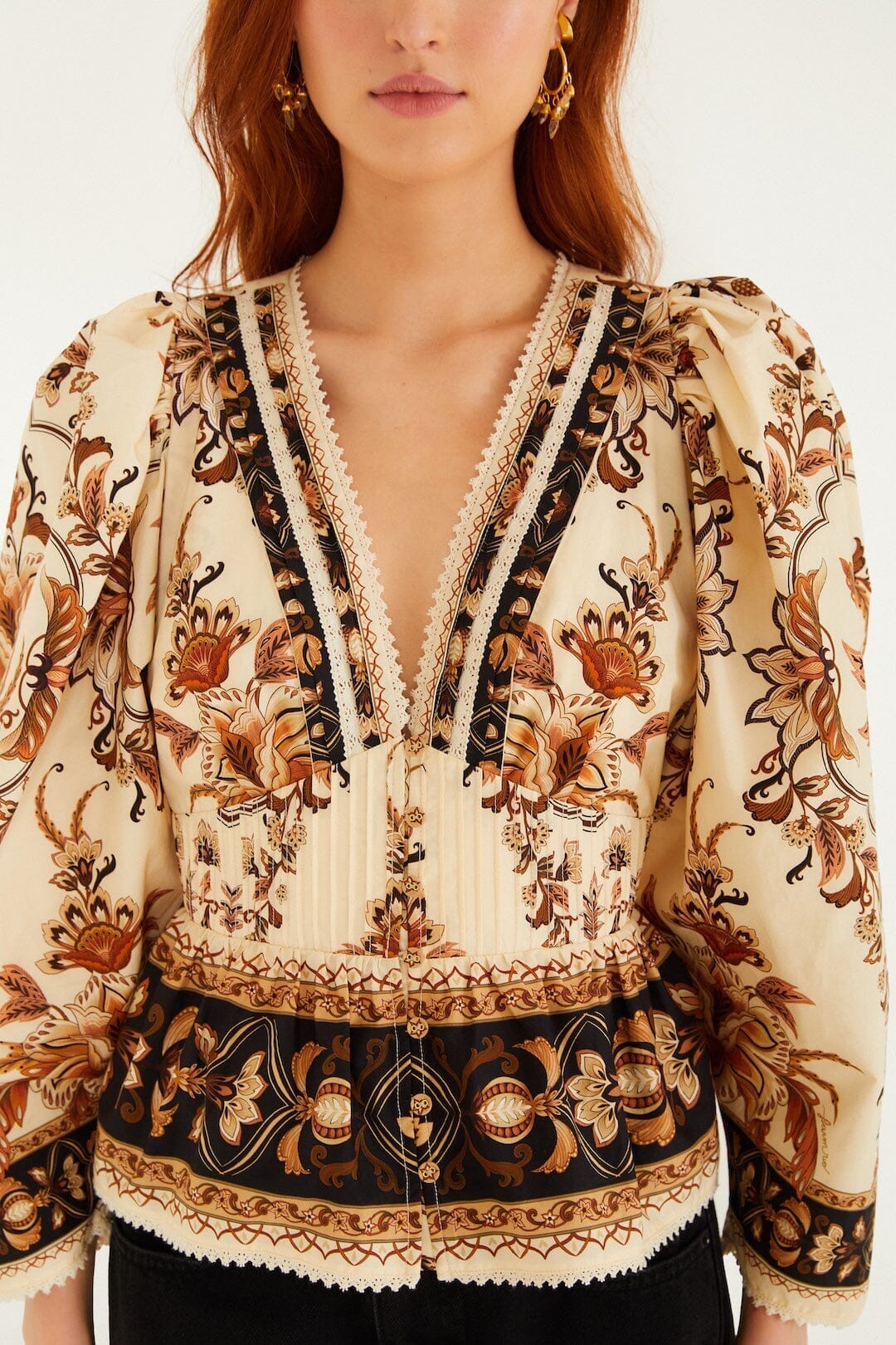 Sand Majestic Garden Lace Puff Sleeve Organic Cotton Blouse - Image 2
