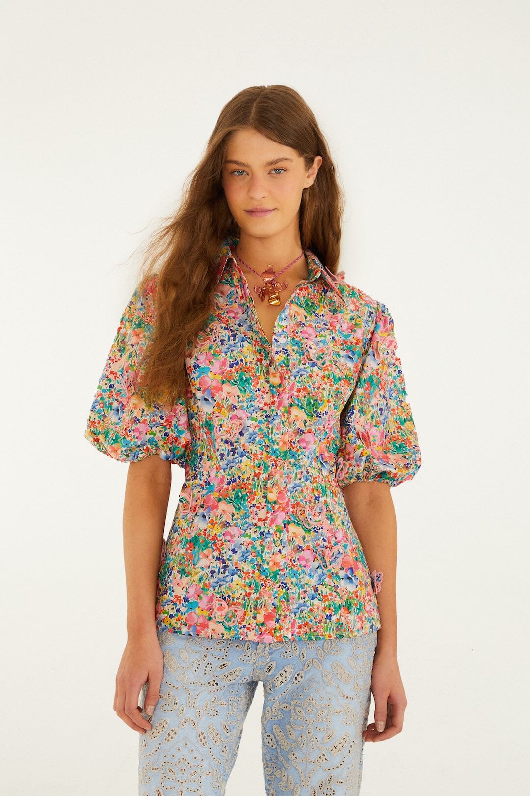 Off-White Peasant Floral Butterflies Organic Cotton Blouse