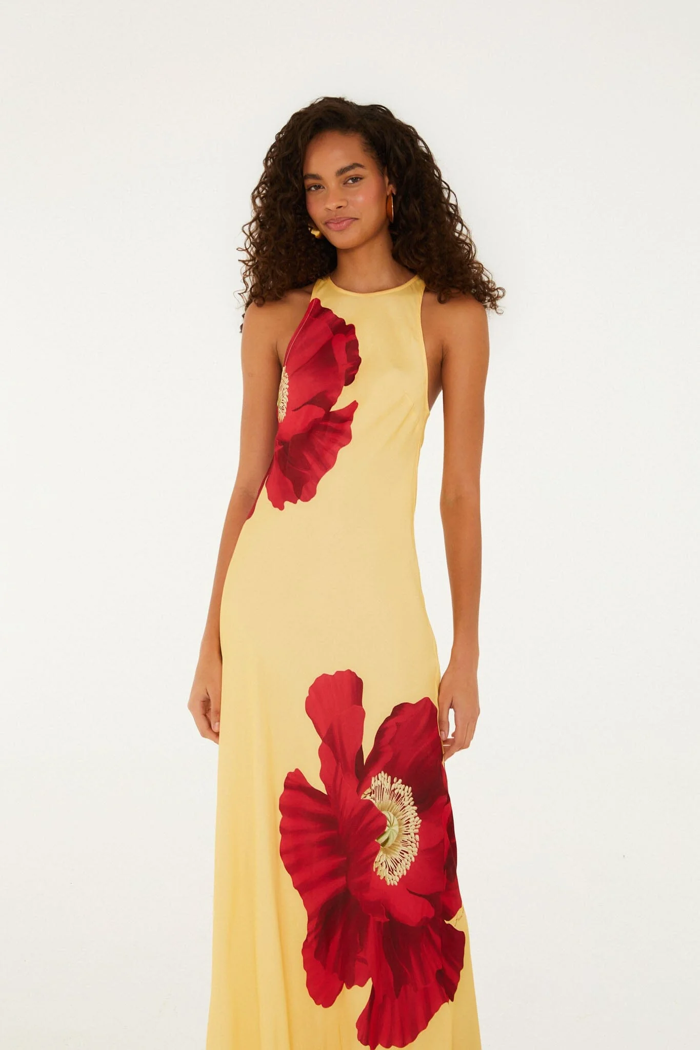 Light Yellow Poppy Flowers Sleeveless Lenzing Ecovero Viscose Maxi Dress - Image 3