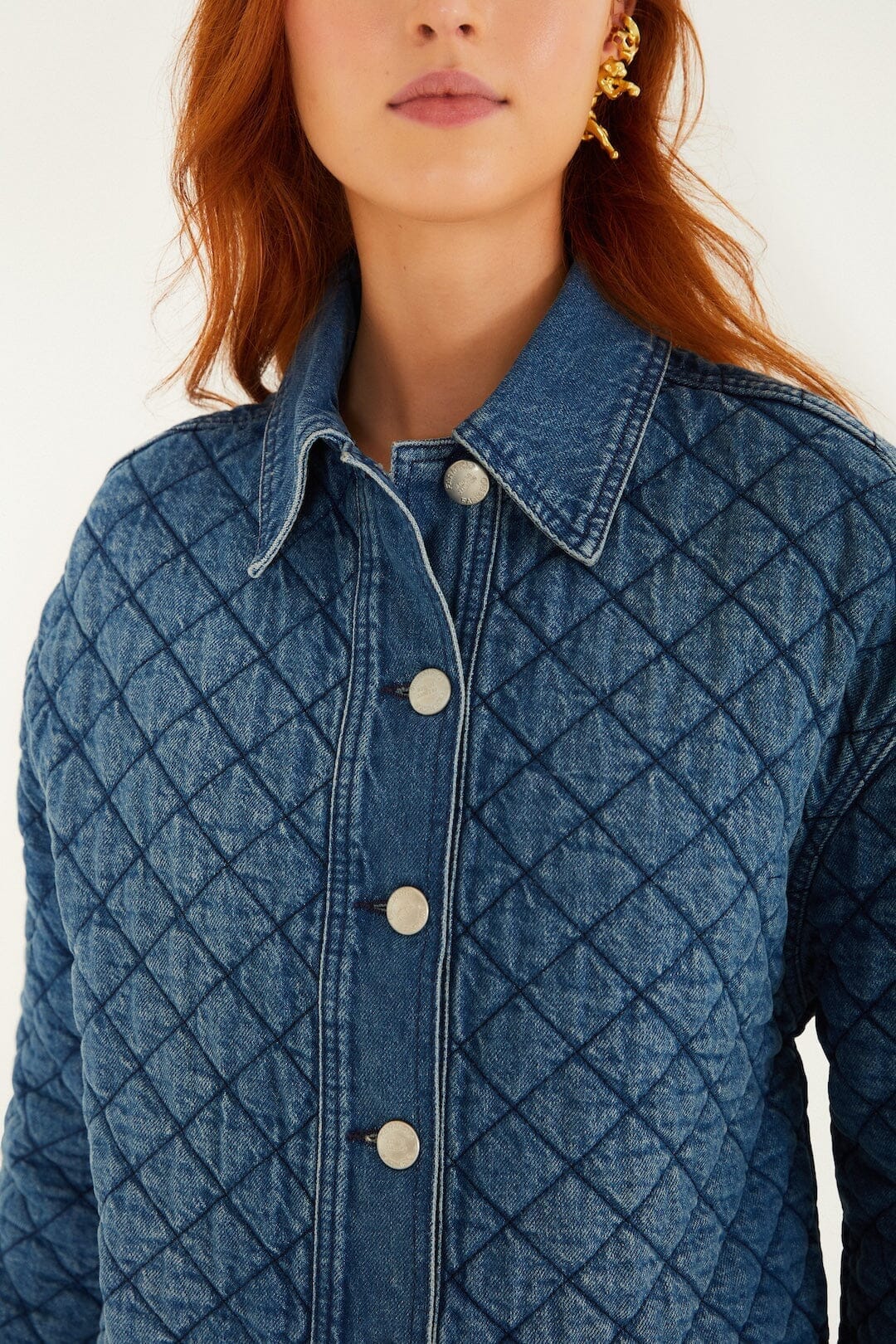 Denim Buttoned Quilted Bomber Jacket - Image 2
