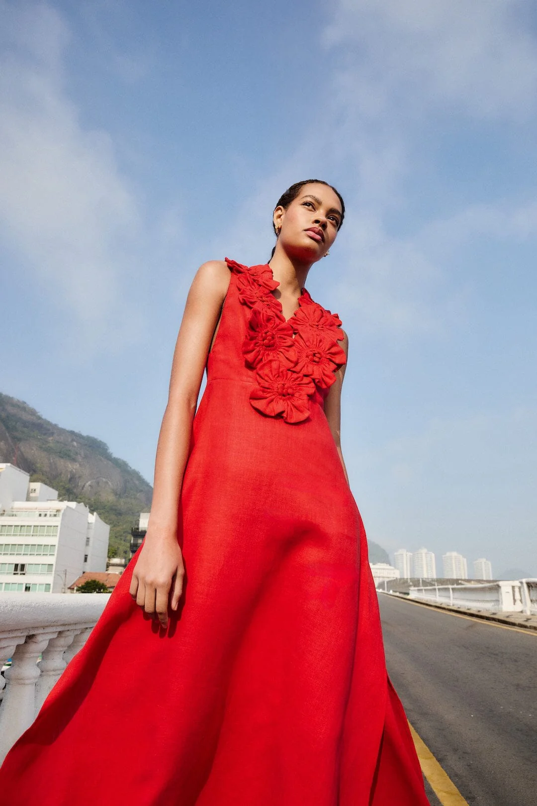 Red 3d Flower Euroflax Premium Linen Maxi Dress - Image 2