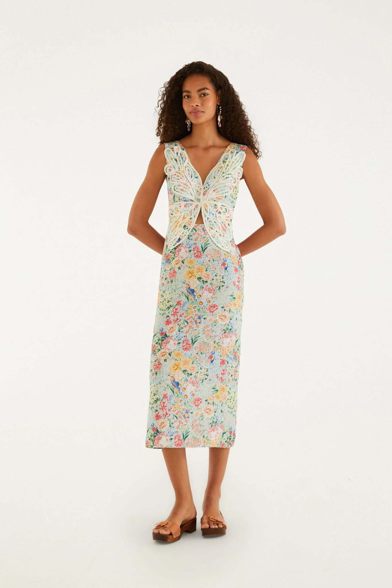 Multicolor Rendeira 3d Bodice Euroflax Premium Linen Midi Dress