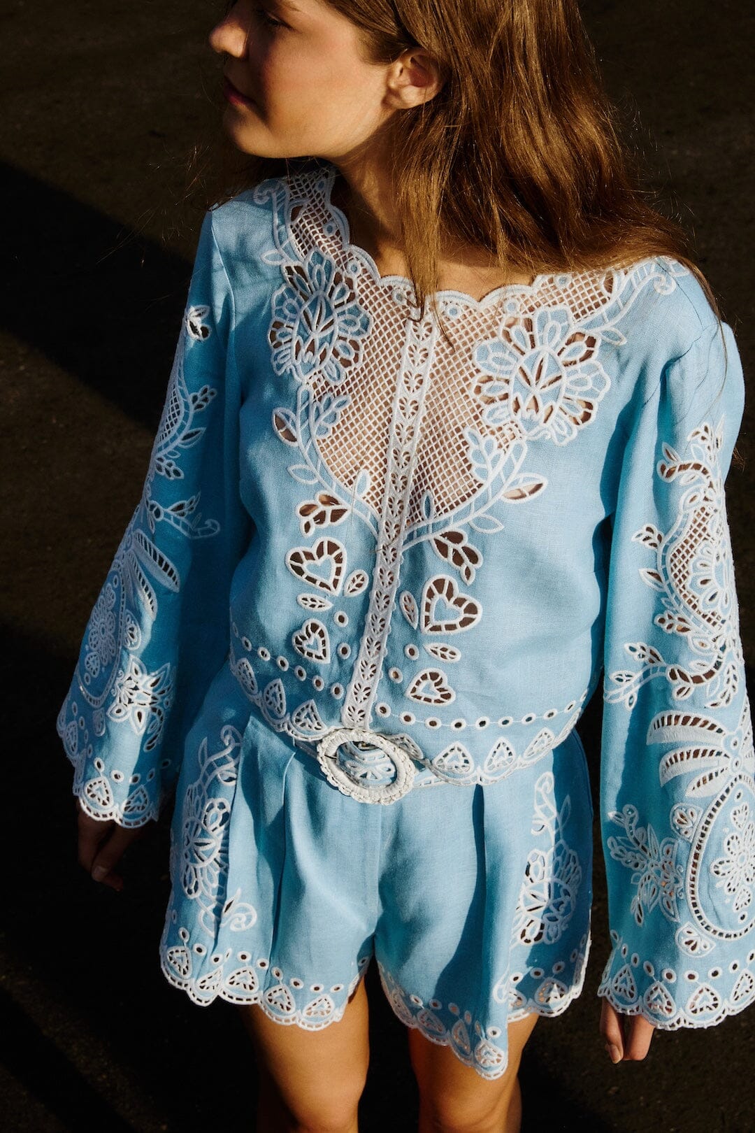 Light Blue Romantic Richelieu Euroflax™ Premium Linen Blouse - Image 2