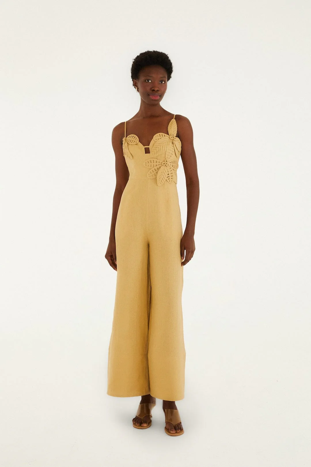 Sand 3d Flowers Euroflax™ Premium Linen Jumpsuit