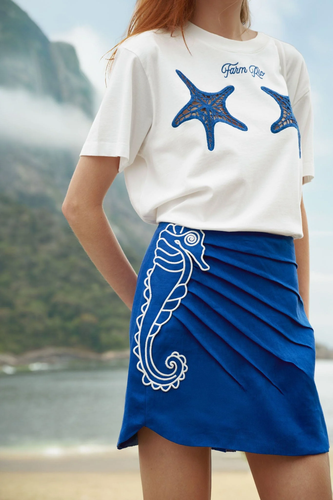 Blue Seahorse Embroidery Euroflax Premium Linen Mini Skirt - Image 2