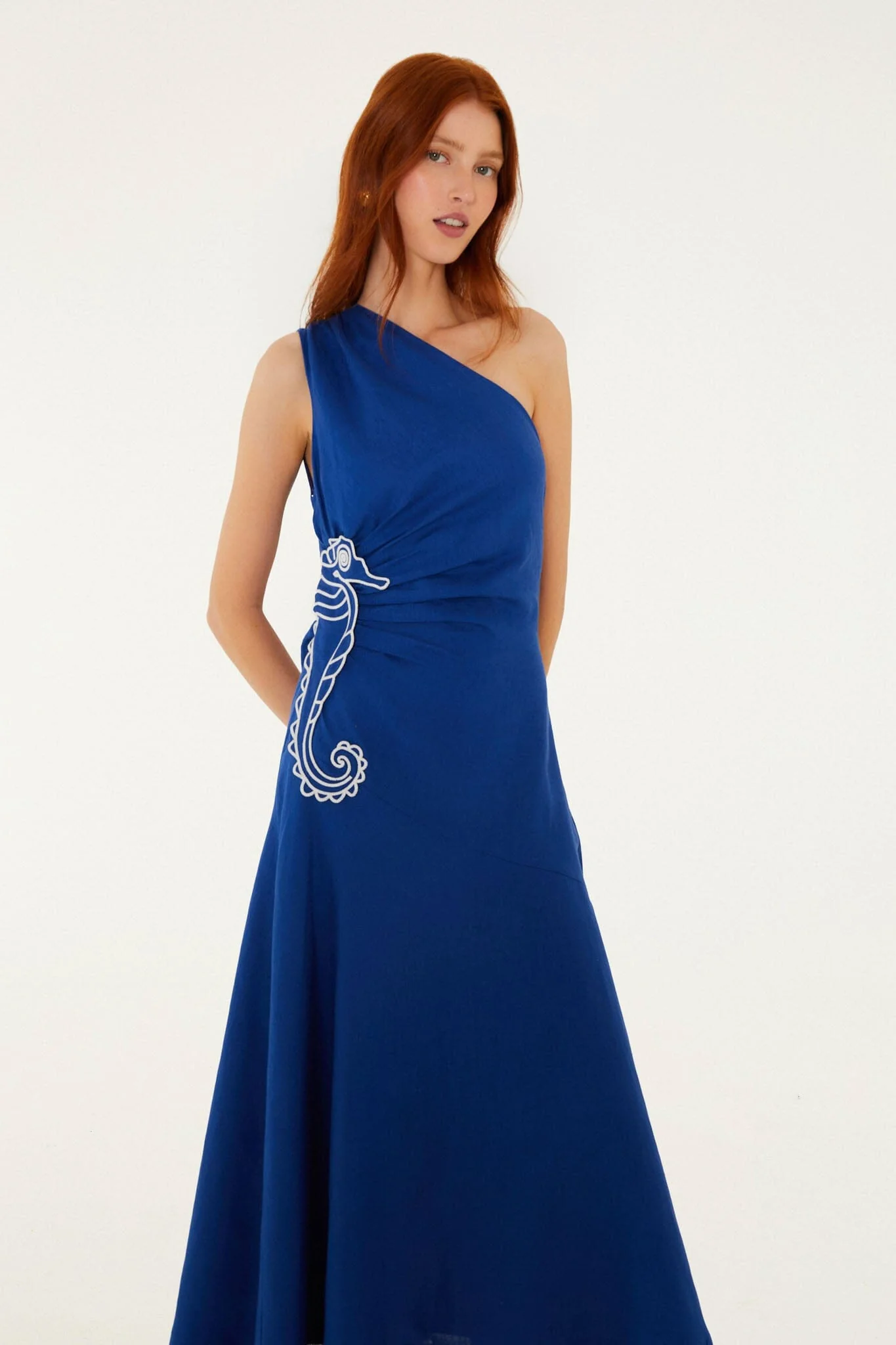 Blue Seahorse Embroidery One-Shoulder Euroflax Premium Linen Maxi Dress - Image 3