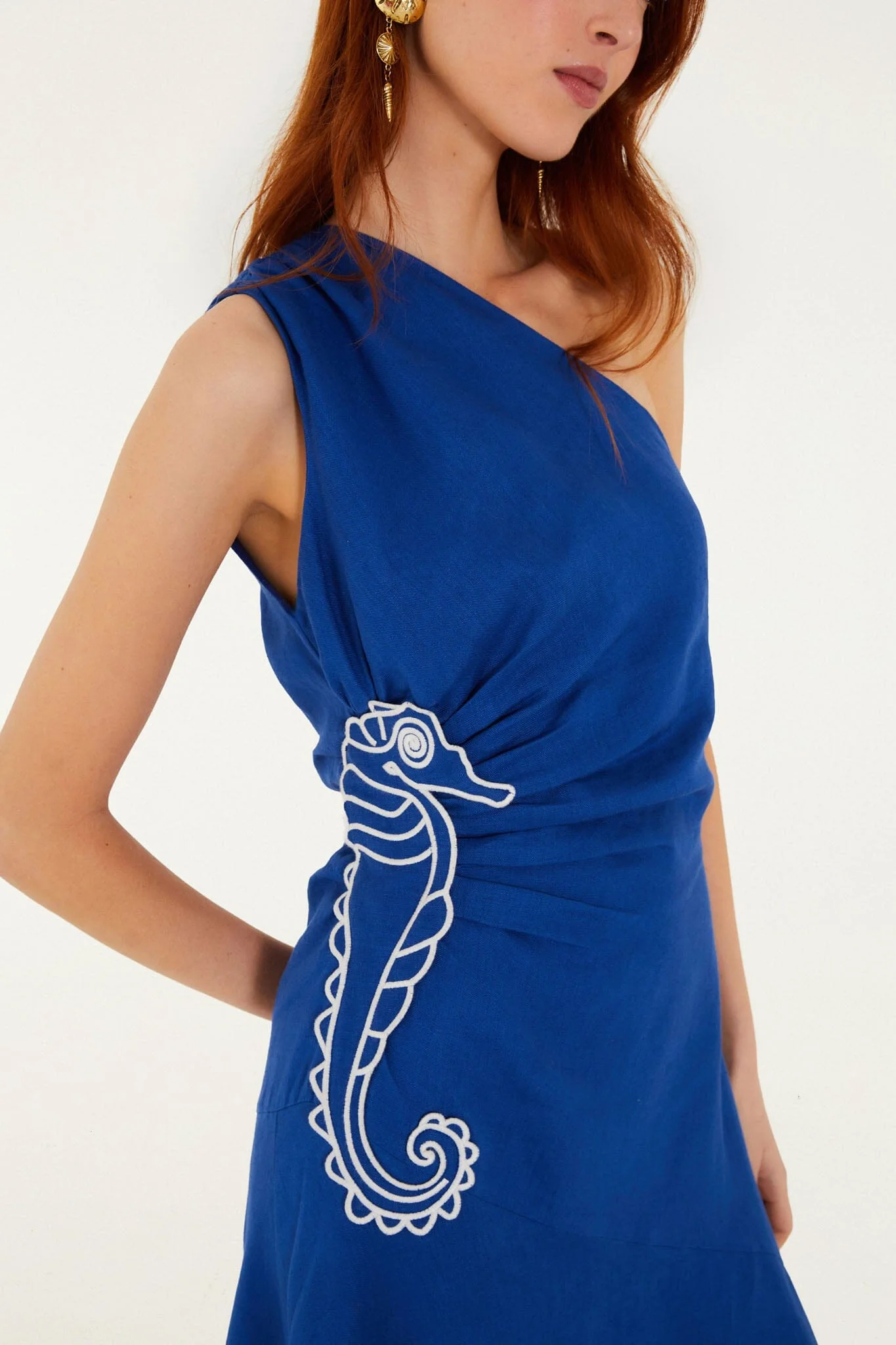 Blue Seahorse Embroidery One-Shoulder Euroflax Premium Linen Maxi Dress - Image 4
