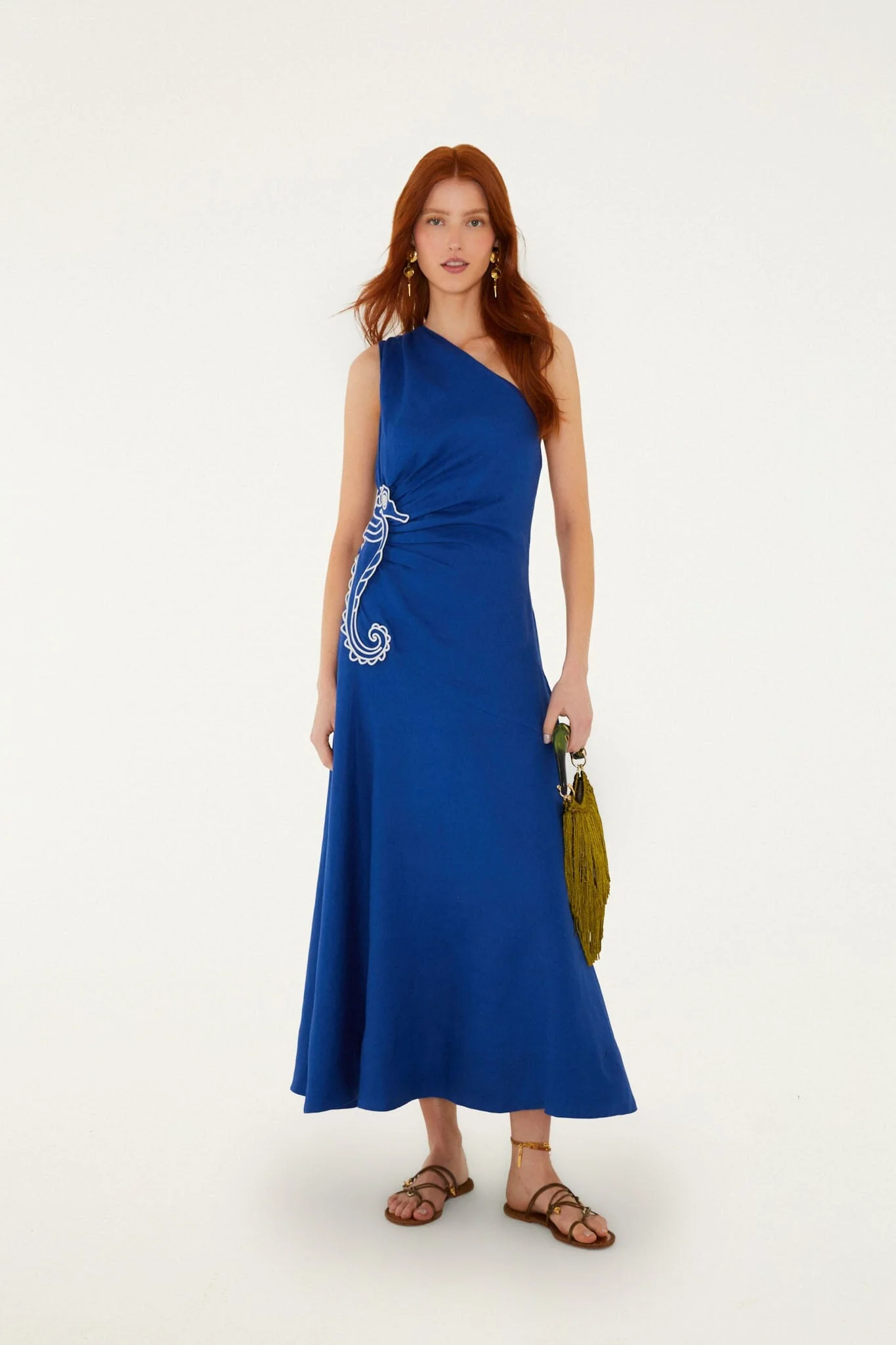 Blue Seahorse Embroidery One-Shoulder Euroflax Premium Linen Maxi Dress - Image 5