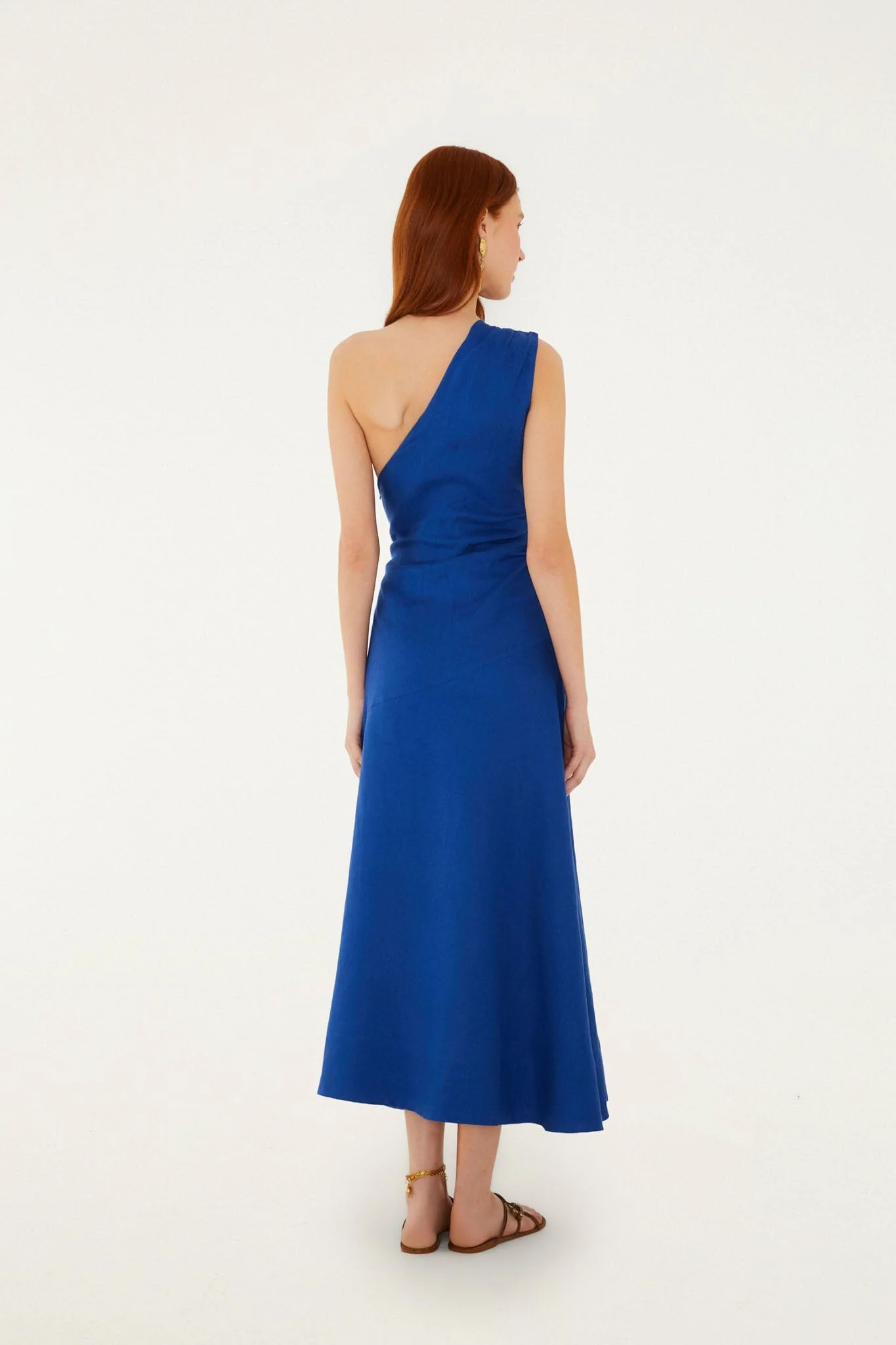 Blue Seahorse Embroidery One-Shoulder Euroflax Premium Linen Maxi Dress - Image 6
