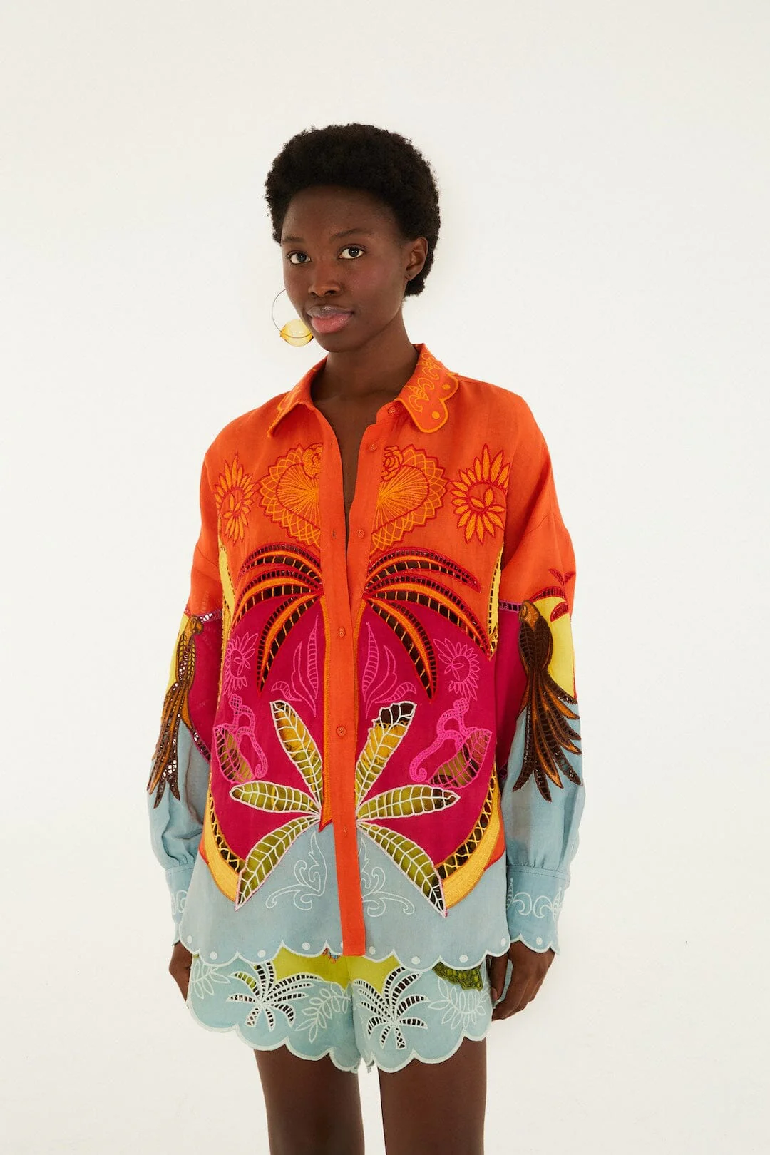 Multicolor Usiacuri Embroidered Lenzing™ Ecovero™ Euroflax™ Richelieu Shirt