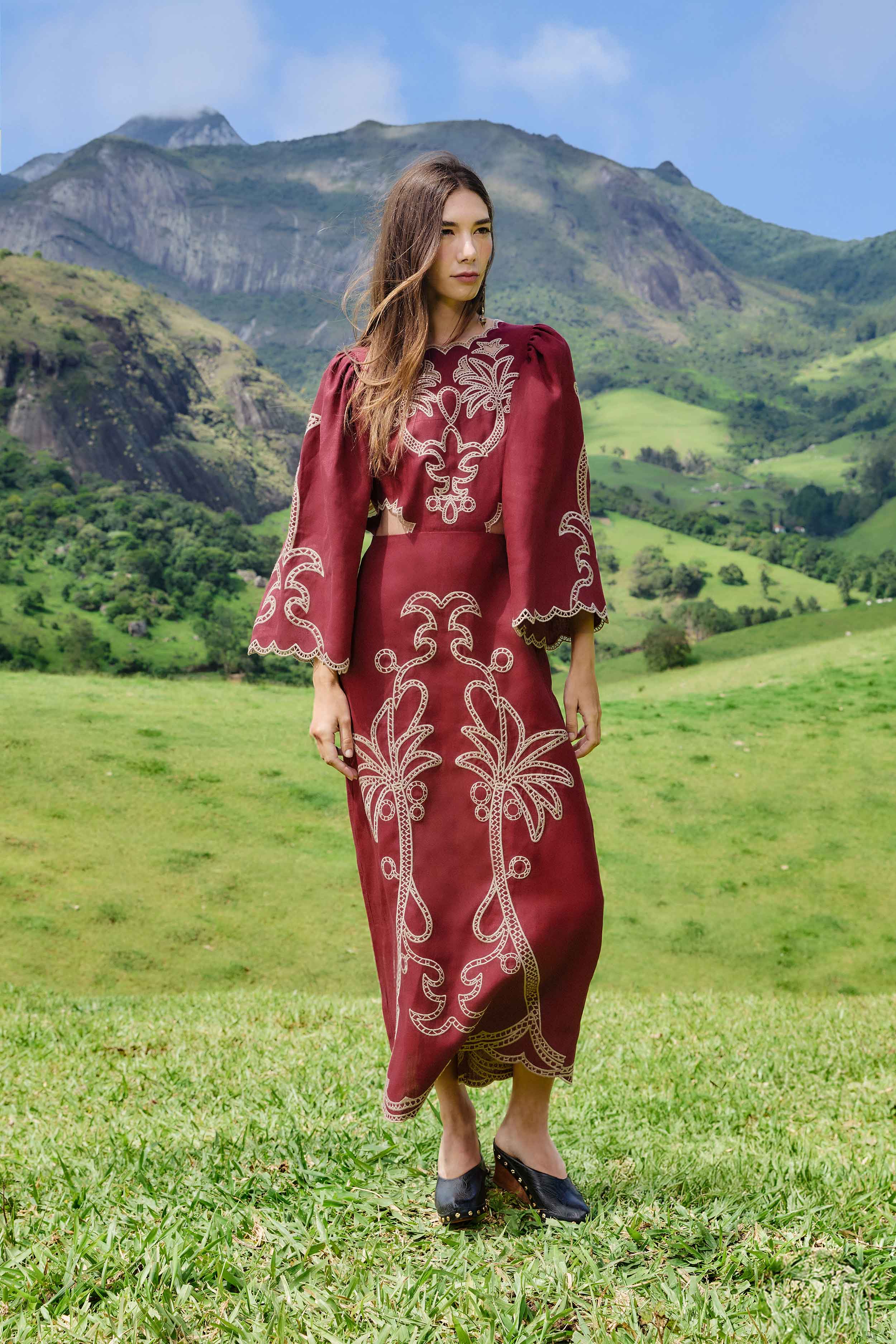 Red Artisanal Cut-Out Embroidered Euroflax™ Premium Linen Maxi Dress